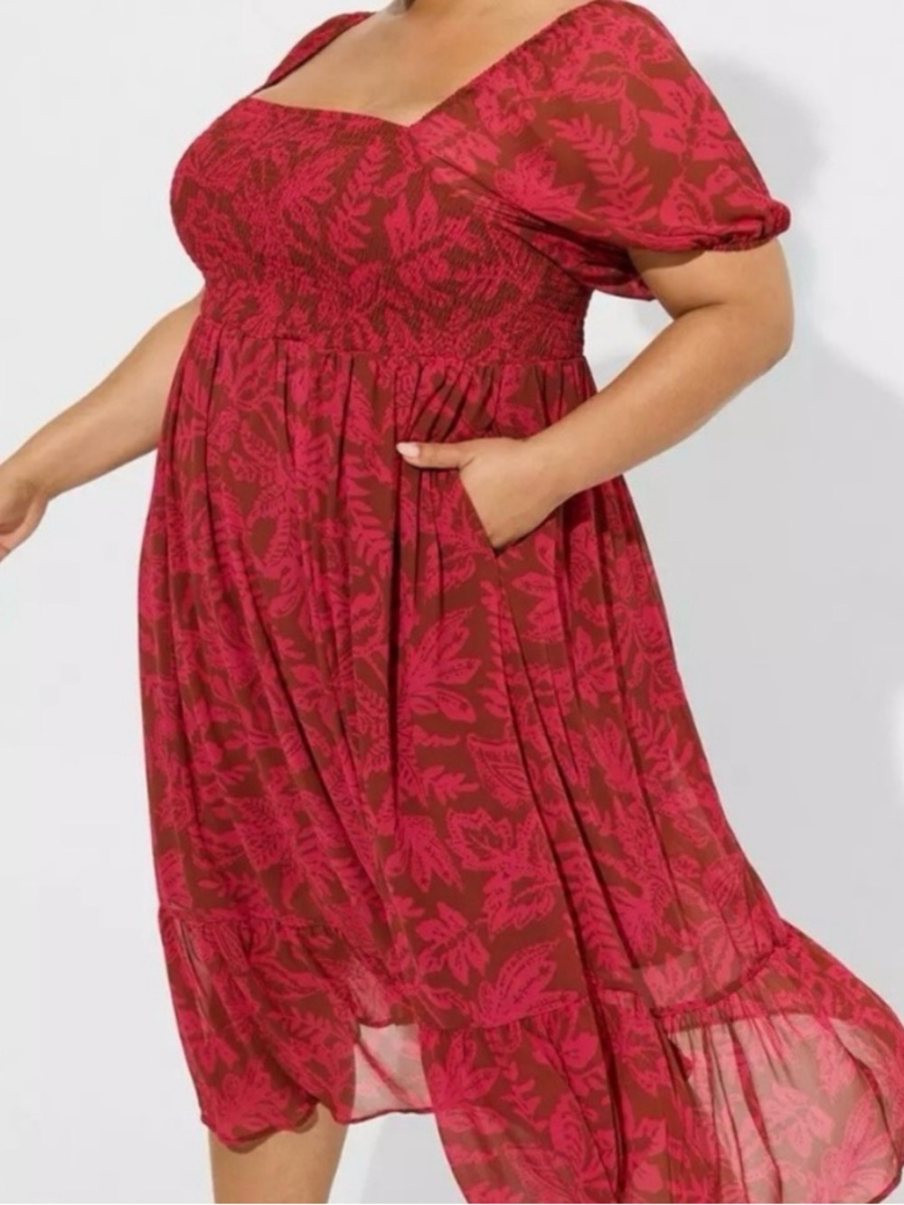 torrid Pink and Brown Floral Smocked Midi Dress with Puff SleevesTorrid Size 00